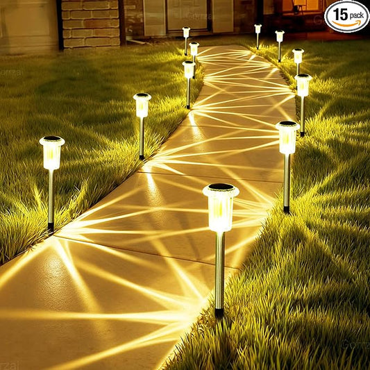 Solar Lights Outdoor 15 Pack Solar Pathway Lights LED Waterproof Stainless Steel Garden Stake for Yard, Outside, Walkway, Sidewalk, Driveway, Lawn (Warm White) Gorrzai