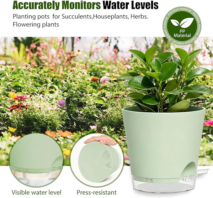 Plant Pots 6 Inch Self Watering Pots,6 Pack Plastic Planters with Drainage Holes and Clear Saucers,Plastic Flower Pots,Nursery Planting Pot for Indoor Out Door Plants (Green) SQKH
