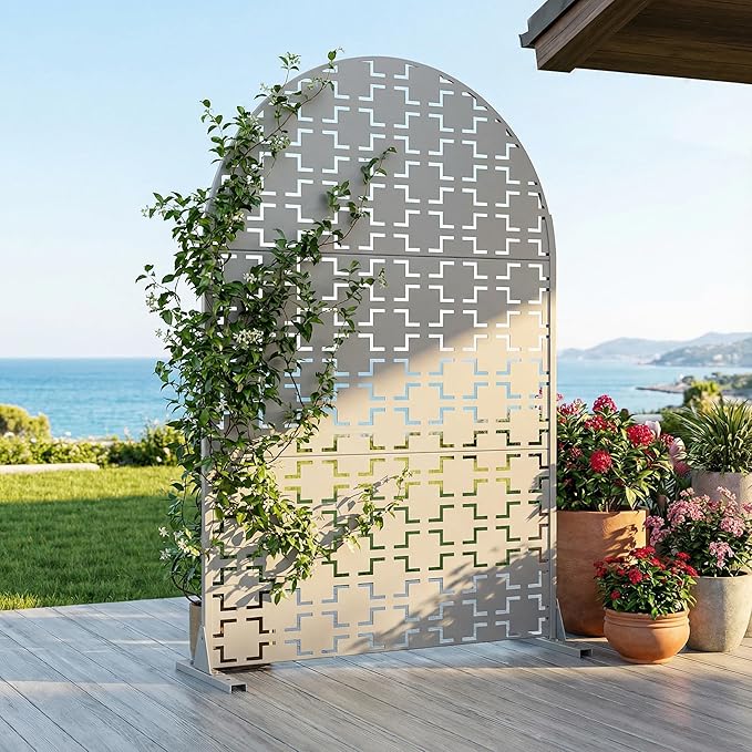 Casaphoria 72" H x 47" W Arched Metal Privacy Screen - Elegant Freestanding Outdoor Screen for Deck, Patio & Balcony - Versatile Decorative Privacy Panels for Home & Garden Use (Grey-Square) Casaphoria