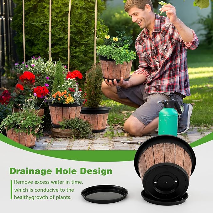 Quarut 4 Pack 10 inch Plant Pots,Upgrade Whiskey Barrel Planters with Drainage Holes & Saucer,Plastic Decoration Flower Pots Retro Design,Planters for Outdoor Indoor Garden Home Plants (Brown) Quarut