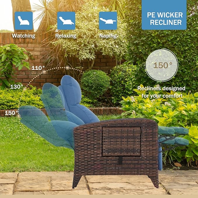 Upgraded Outdoor Recliner Chair, Reclining Patio Chairs with Adjustable Back up to 150°Lay Flat and Extended Footrest, Wicker Recliner Chairs with Flip Table and Removable Olefin Cushion zzw