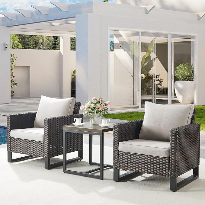 Belord Outdoor Bistro Set 3 Piece Outdoor Wicker Patio Chairs, Oversize Outdoor Rattan Seating Set, All-Weather Chairs Wicker Furniture with Metal Side Table and Removable Cushion for Outside, Brown Belord