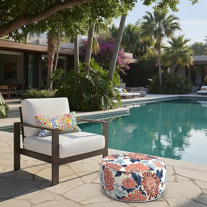 LVTXIII Indoor/Outdoor Inflatable Ottoman with Handle D21 x H9 Inch, Weather-Resistant Round Footstool Pouf for Patio Camping Living Room, Portable Footrest Extra Seating, Vibrant Blossom LVTXIII