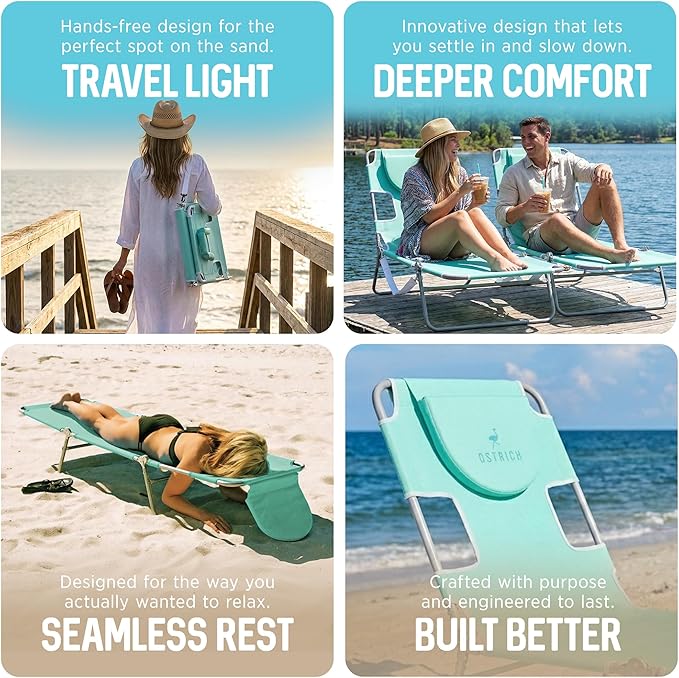 Ostrich 4-Position Outdoor Chaise Lounge w/Face Cushion & Arm Holes, Teal - Lightweight Folding Lounger w/Adjustable Reclining Backrest, Portable w/Carry Strap, 250 lb Weight Capacity OstrichProducts