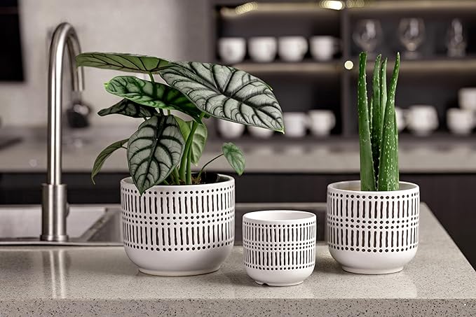 Docrin 3-Pack Ceramic Planters Set - 6.5"+5.3"+4" Dual-Tone Flower Pots with Drainage Holes, Modern Indoor Outdoor Planters for Succulents/Herbs/Large Plants, Home Office (Brownish Black & White) DOCRIN