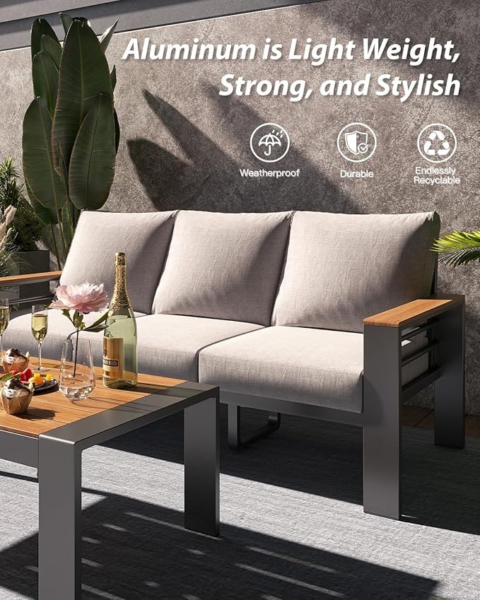 Aoxun Aluminum Outdoor Patio Furniture Set, 5 Seats Outdoor Sectional with Coffee Table, Patio Conversation Sets with Upgraded Armrests and Cushions for Backyard, Garden and Poolside（Grey） Aoxun