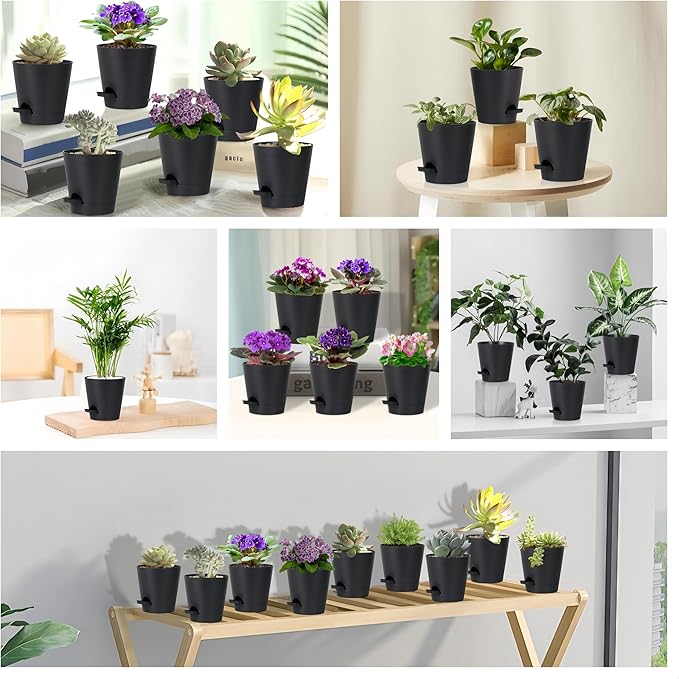 5 Pack 5 inch Self-Watering Pots, African Violets Planter with Drainage Holes and Reservoir, Black Plastic Planter for Indoor Outdoor Plants Flowers and Houseplants Black, 5 inch 5 pcs zople