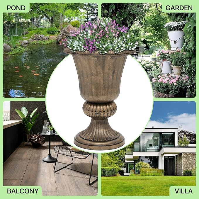 Magshion 20" Urn Planters for Outdoor Plants, Large Decorative Front Porch Planters Set of 2, Weatherproof Tall Plastic Flower Pots for Garden, Patio & Entryway Décor, Antique Brass Magshion