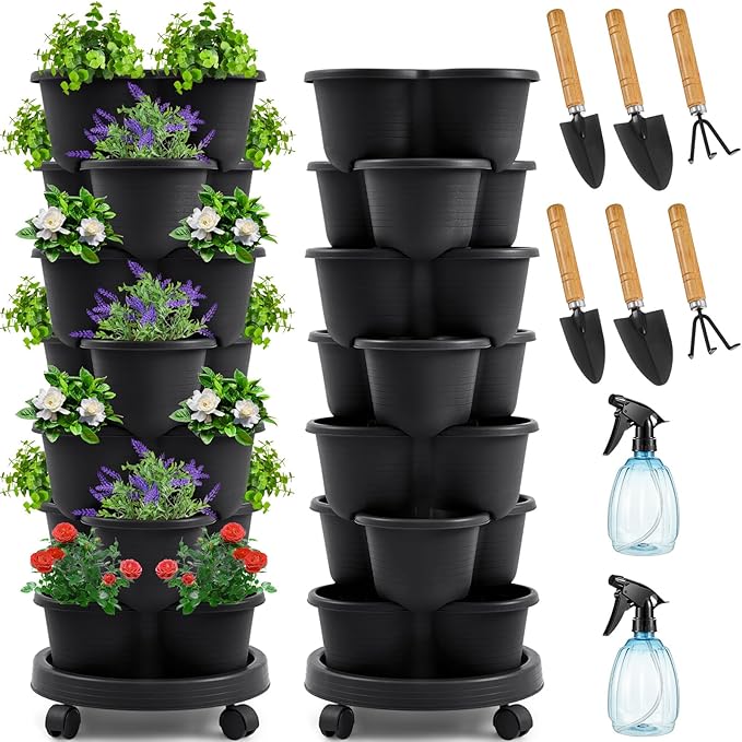 Umigy 2 Set Black 7 Tier Stackable Vertical Planters with Removable Wheels and Tools Tower Planters Strawberry Herb Flower Vegetable Pots Indoor Outdoor Gardening Pots Umigy