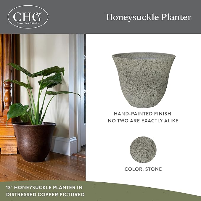 Classic Home and Garden Honeysuckle Resin Planters - Lightweight Indoor & Outdoor Plant Pots - UV-Resistant Plastic Flower Pots - Pot Planters for Flowers & Herbs (15" Stone) ClassicHomeandGarden