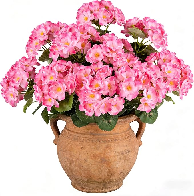 Artificial Geraniums Flowers for Outdoors, 6 Bundles Realistic Silk Fake Geranium, No Fade Faux Plants for Hanging Baskets, Window Boxes, Pots - Porch, Patio, Garden Decor(Pink) AmberFun