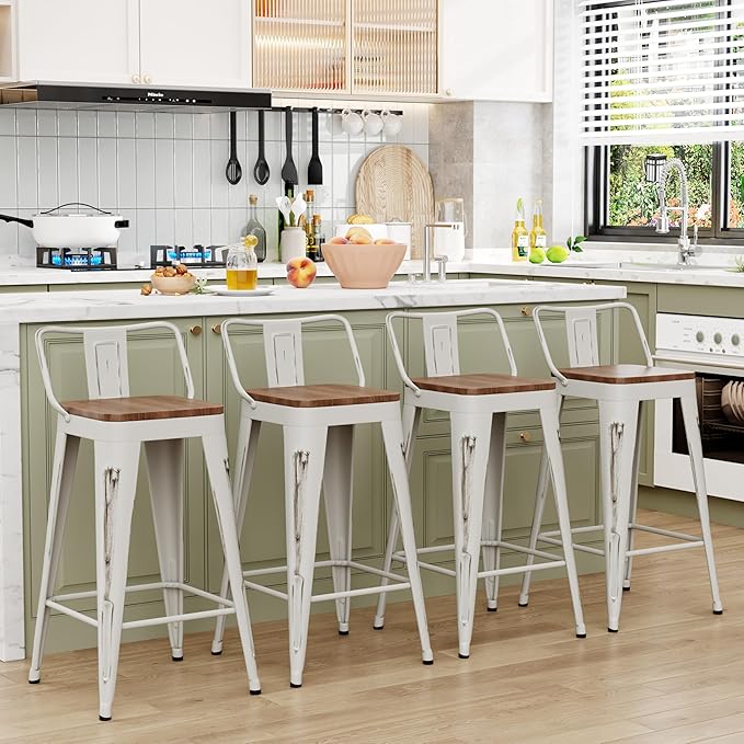 WENTMENT Bar Stools Set of 4 Counter Height Bar Stools Metal Barstools with Removable Back 30" Kitchen Bar Stools with Wooden Seat, Distressed White WENTMENT