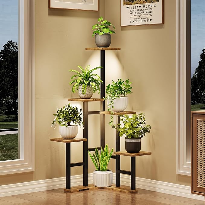 Corner Plant Stand Indoor with Grow Lights, 6 Tiered Corner Plant Shelf Flower Stand for Multiple Plants, Plant Shelves Organizer Rack for Living Room, Balcony, Patio, Square Rustic Brown Yzosvki