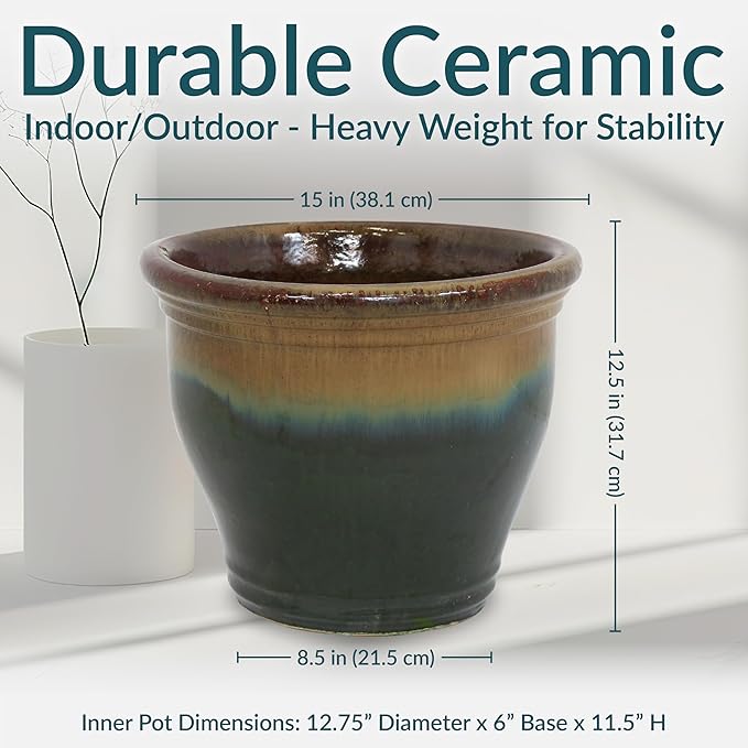 Sunnydaze Large Ceramic Plant Pot - Round Outdoor Glazed Ceramic Planter Pot with Drainage - Studio - Forest Lake Green - 14.5" SunnydazeDecor