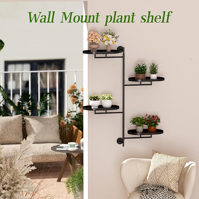 Window Rotating Plant Stand Shelf Indoor Black Metal Floating Shelves 4-Tier Wall Mount Plant hanger Holders for Wall Planter Modern Home Decor window sill gifts YQSLYSF