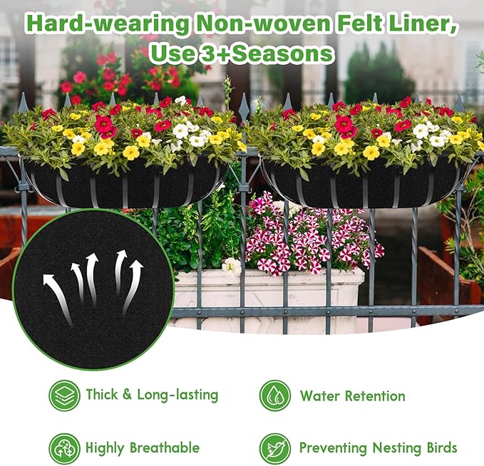 Riare 6 Pack 30 Inch Black Felt Window Box Liners- Fabric Trough Planter Basket Liners Replacement, Non-Woven Hanging Plant Liner for Wall Hanging Basket, Garden Fence Railing (Avoid Bird Nesting) Riare