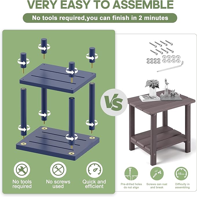 Outdoor Side Table, 2-Tier Small Outdoor Table for Patio, Adirondack Side Tables for Outside or Indoor, Bamboo End Table for Pool, Porch, Weather Resistant Easy Maintenance-Dark Blue LEJANEOYE