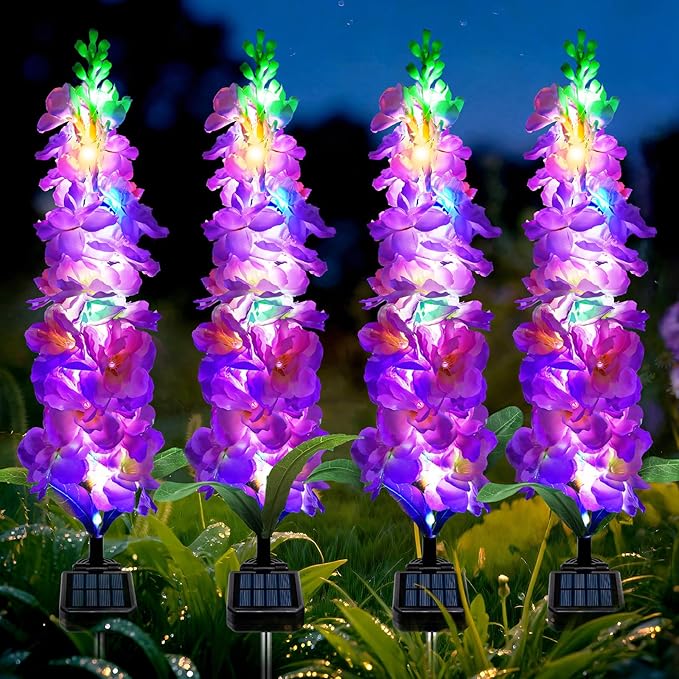 Solar Garden Lights, Solar Purple Delphinium Flowers Lights 4 Pack 80 LEDs, Waterproof Outdoor Light Two Lighting Modes for Outside Wedding Party Garden Yard Patio Lawn Decor MRHEPHAESTUS