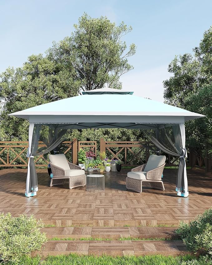 Canopy Tent 12x12 ft, Pop Up Gazebo One-Push Setup with 4 SandBags for Backyard Parties and BBQs, Mosquito Netting & Height Adjustable - Lake Blue GarveeLife