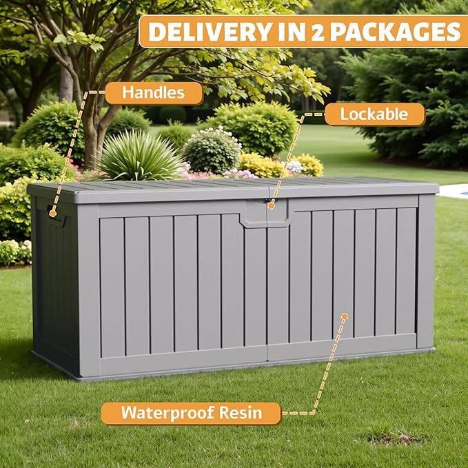 Flamaker Resin Deck Box 250 Gallon, Waterproof Imitation-Wood Lockable Storage Box with Separator Plate Outdoor Indoor, Garden, Patio Furniture for Tools&Pool Accessories (Gray) Flamaker