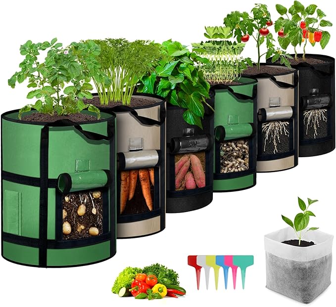 10 Gallon Potato Grow Bags with Viewing Window, 300G Nonwoven Garden Planting Pots, Heavy-Duty Surround Handles for Gardening Supplies (6Pack Grow Bags) Createagardenyoulove