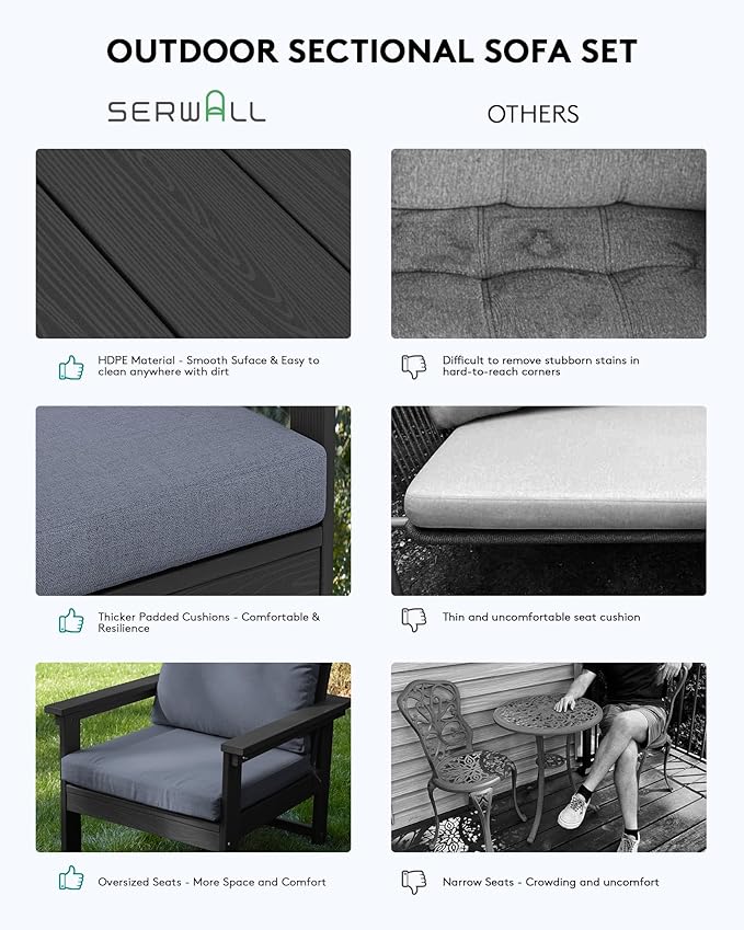 SERWALL HDPE Patio Furniture Set, 7-piece Outdoor Sectional Sofa Set, All Weather Outdoor Couch Set for Deck, Lawn, Black Frame with Grey Cushion SERWALL