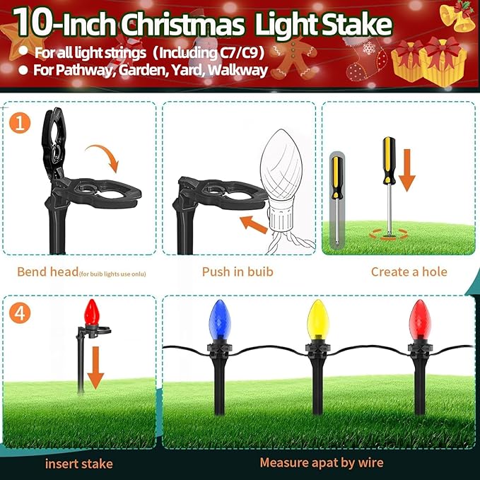 50 Pack Christmas Light Stakes 8.5"-10" for C7 and C9 String Lights,Outdoor Light Stakes, Garden, Lawn, Pathway, Patio, Path, Walkway, Christmas Decoration koneboss