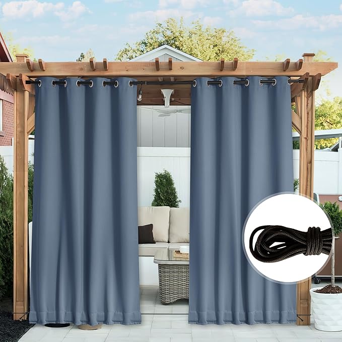 NICETOWN 2 Panels Outdoor Curtains for Patio Waterproof & Windproof, Extra Wide Grommet & Back Tab on Top & Bottom Thermal Insulated Sun Blocking Drapes with Rope for Deck, Stone Blue, W100 x L95 NICETOWN