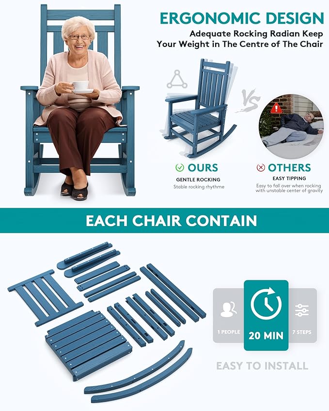 SERWALL Oversized Rocking Chair, Outdoor Rocking Chair for Adults, All Weather Resistant Porch Rocker for Lawn Garden, Blue SERWALL