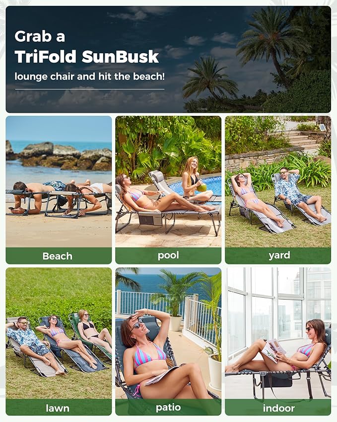 KingCamp 2 Pack Folding Lounge Chair Outdoor, Tanning Chair with Face Hole Comfy Adjustable 5-Position Foldable Chaise Chaser Lounger for Outside Beach Patio Sun Bathing Pool, Green/White KingCamp