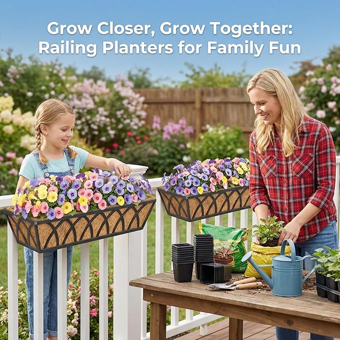 HFHOME 24 inch Window Deck Rail Planter with Coco Liner, 24" Dia Window Box Trough with Coconut Coir Liners, Black Metal Hanging Flower Planter Basket for Indoor Outdoor Lawn - Set of 4 HFHOME