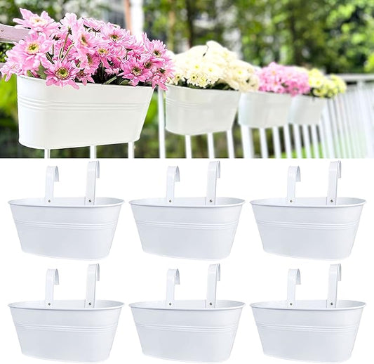 LaLaGreen Rail Planter Outdoor (6 Pack, 11.8 Inch) White Metal Iron Hanging Flower Pots Deck Railings Fence Buckets Modern Countryside Boho Style Wall Mount Window Box Plant Holder Hooks Porch Decor L%C3%A1L%C3%A1Green