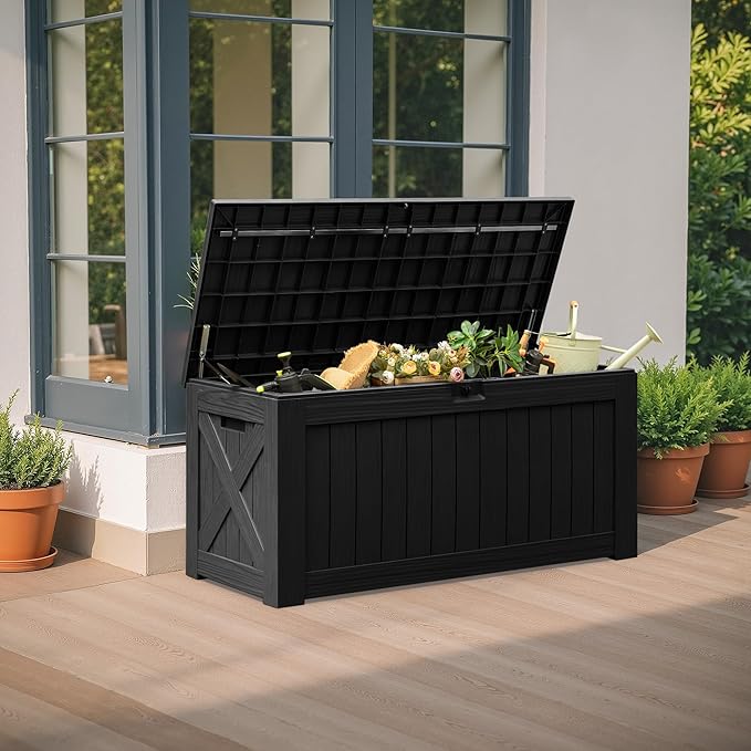 Flamaker Resin Deck Box 120 Gallon Waterproof Large Outdoor Indoor Storage Box Imitation Wood Resin for Patio Furniture Garden Tools and Pool (Black) Flamaker