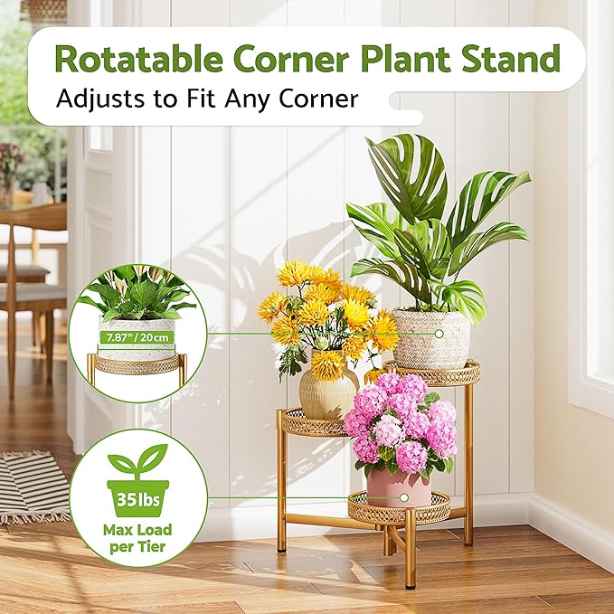 Metal Plant Stand Indoor Outdoor, 3 Tier Corner Tall Plant Shelf for Multiple Plants, Tiered Plant Stand, Heavy Duty Flower Holder, Folding Tall Rack for Garden Patio Balcony - GoldWave Rootora