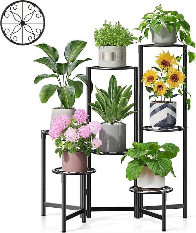 Plant Stand Outdoor,7 Tier Foldable Corner Tall Plant Shelf for Multiple Plants Flower Pot Holder Display Stand for Living Room Balcony Garden Patio -BlackS Rootora