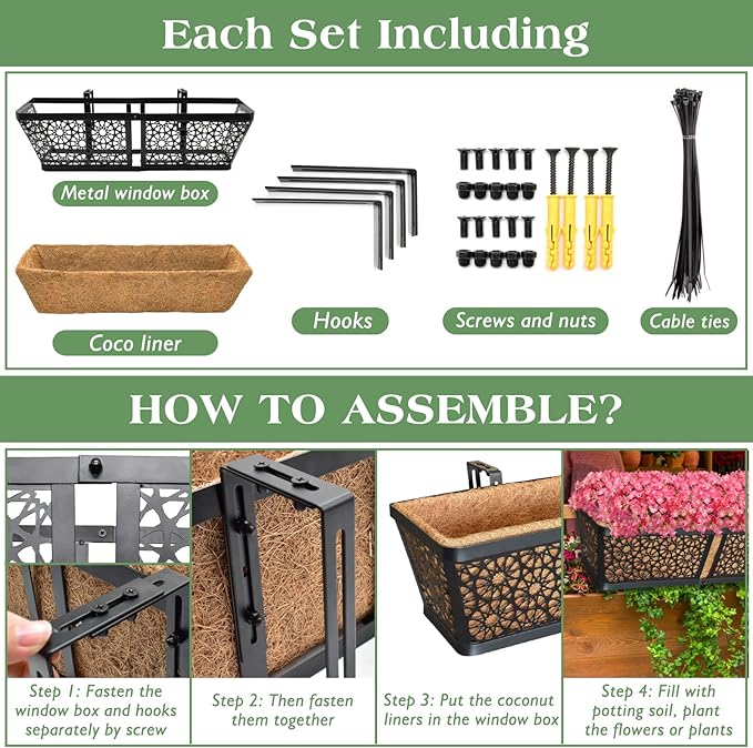 ZeeDix Railing Planter Boxes, 24 Inch Window Flower Box Planters with Coco Liner & Adjustable Brackets for Deck Porch Fence Patio Balcony Gardening Outdoor Plants (2 Pack) ZeeDix