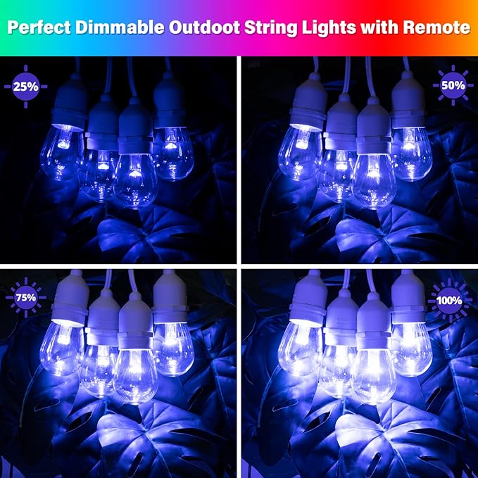 Mlambert 48FT Outdoor Patio Lights, 6 Lighting Modes RGB Cafe String Lights with 15 Dimmable LED Shatterproof Bulbs for Deck Porch Gazebo-White 1 Pack Mlambert