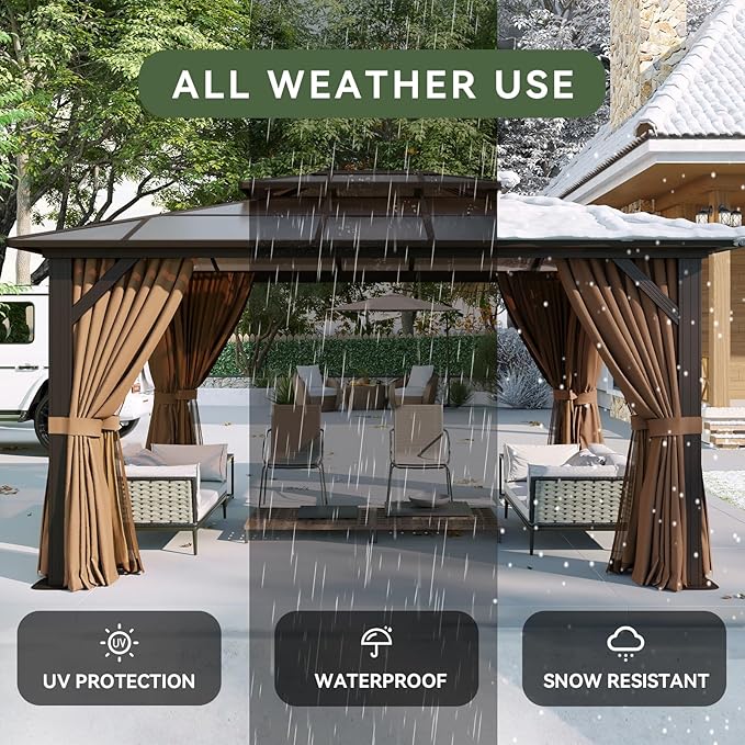 Aoxun 12'x14' Hardtop Gazebo with Double Polycarbonate Roof, Aluminum Frame Permanent Pavilion Includes Netting & Curtains for Patio, Lawn & Garden (Khaki) Aoxun