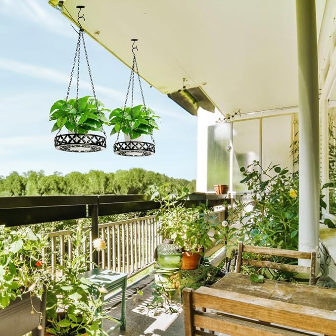 2 Pack Hanging Planters, 9.8 Inch Metal Plant Hanger, Decorative Glossy Black Plant Pot Holder, Planter Hanging Baskets with Chains and Hooks for Indoor or Outdoor Balcony Porch Home Decor ELFULLY