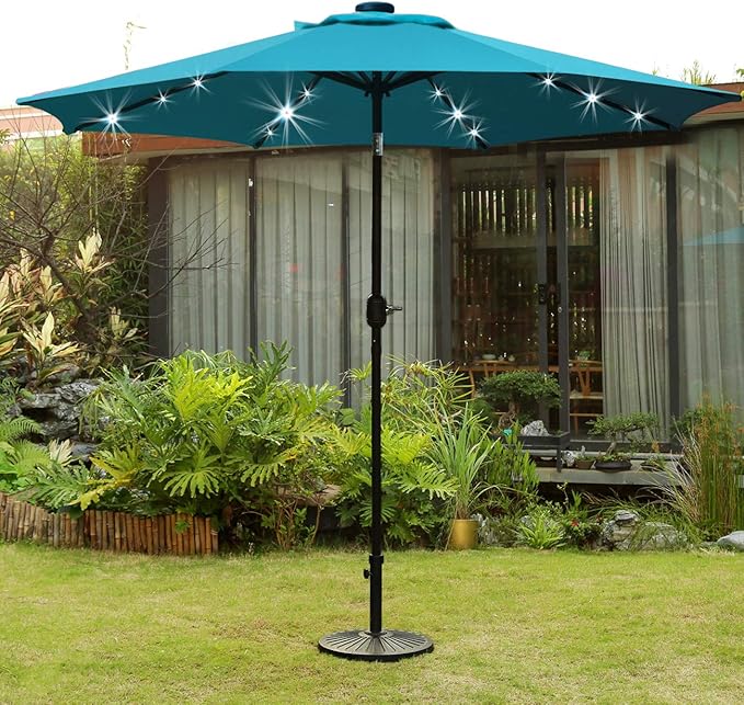 Sunnyglade 9' Solar LED Lighted Patio Umbrella with 8 Ribs/Tilt Adjustment and Crank Lift System (Teal Blue) Sunnyglade