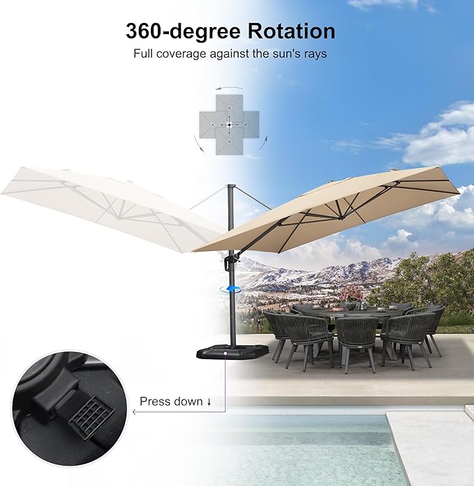 PURPLE LEAF 11.5' X 11.5' Telescopic Patio Umbrella with Base Included Lifting Cantilever Offset Square Large Umbrella for Pool Outdoor Patio Deck Garden Beige PURPLELEAF