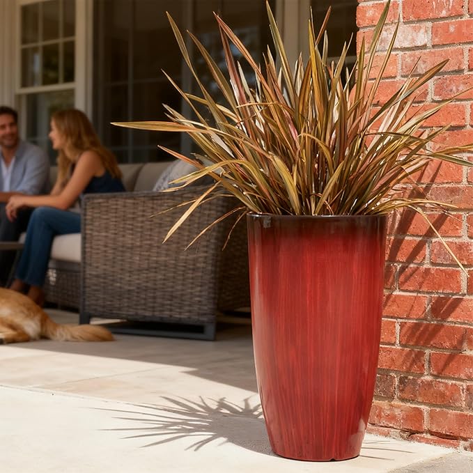 Worth Garden 23.5" H. Large Plastic Planters - Set of 2 Gradient Red Glossy Smooth Finish - Tall Plant Pots for Indoor & Outdoor Use - Decorative Lightweight Flower Pots for Front Porch, Patio, Deck WORTH