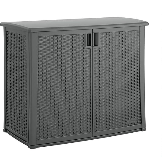 Suncast Resin Outdoor Storage Cabinet, Cool Gray Wicker Resin Outdoor Cabinet, Weatherproof, Lockable Outside Storage for Patio, Deck, Balcony, Porch, Backyard, or Garden, Made in the USA Suncast