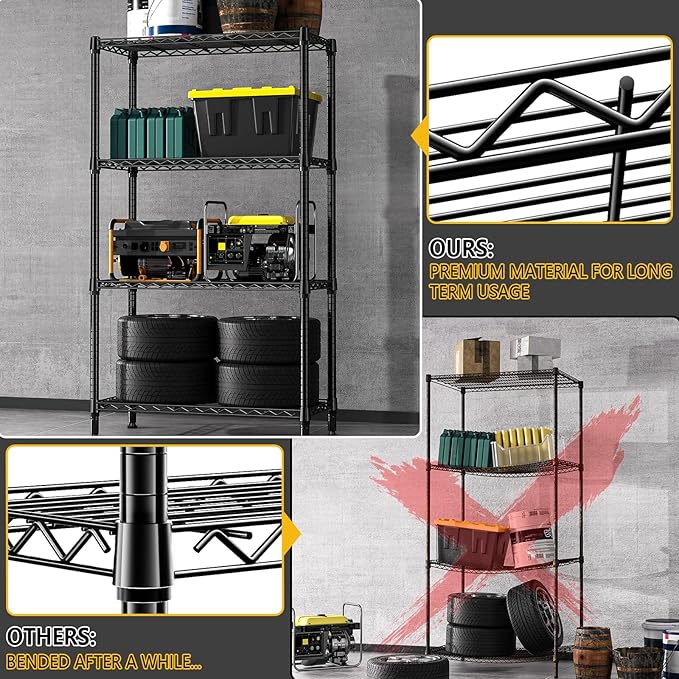 1000 lbs 4 Tier Shelf Metal Storage Shelves Shelving Wire Rack Heavy Duty Closet Organizers for Garage Kitchen Bathroom Laundry Black 13.8" D x 35.4" W x 59.5" H MEIGAOPLASTICANDMETALHKCOLIMITED