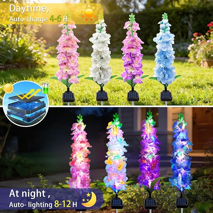 Solar Garden Lights, Solar Delphinium Flowers Lights 4 Pack 80 LEDs, Waterproof Outdoor Light Two Lighting Modes for Outside Wedding Party Garden Yard Patio Lawn Decor MRHEPHAESTUS