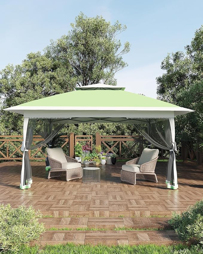 Canopy Tent 13x13 ft, Pop Up Gazebo One-Push Setup with 4 SandBags for Backyard Parties and BBQs, Mosquito Netting & Height Adjustable - Olive Green GarveeLife
