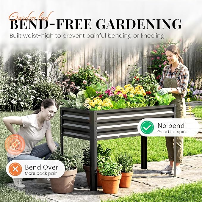 KING BIRD Large Raised Garden Bed with Legs Galvanized Elevated Planter Box 48×24×32 in for Backyard, Patio, Balcony, 400lb Capacity, Dark Grey KINGBIRD