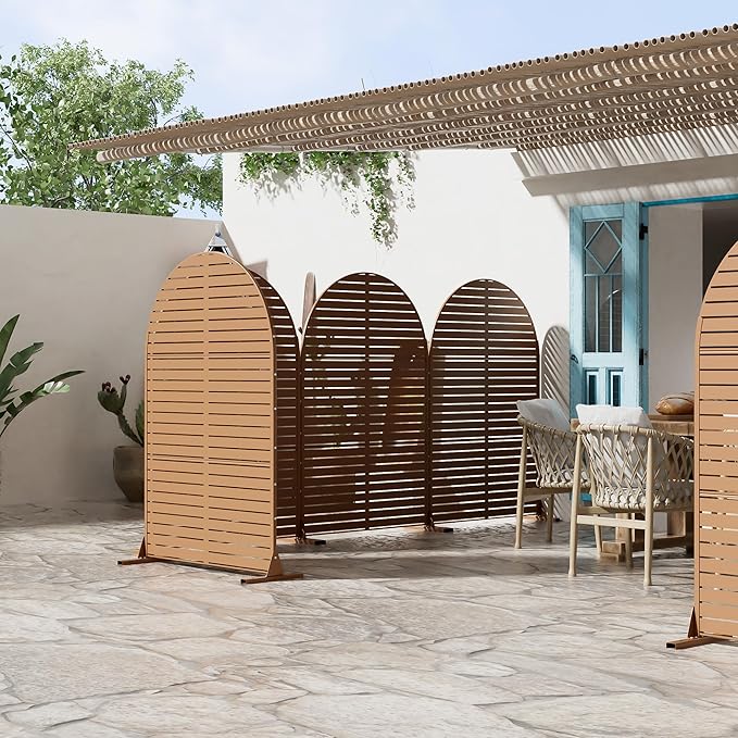 Casaphoria 72" H x 47" W Arched Metal Privacy Screen - Elegant Freestanding Outdoor Screen for Deck, Patio & Balcony - Versatile Decorative Privacy Panels for Home & Garden Use (Brown-Louvered) Casaphoria