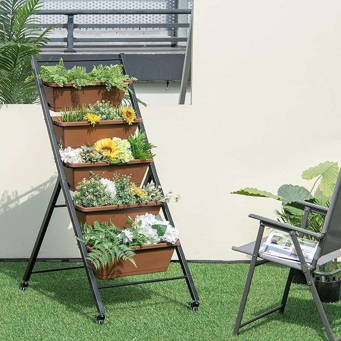 Giantex 2 Pcs Vertical Planter Raised Bed on Wheels, Elevated Garden Beds with Water Drainage Hole, Freestanding 5 Container Boxes for Herb Vegetables Flowers Growing, Outdoor Indoor Patio Balcony Giantex