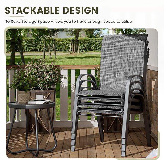 UDPATIO Patio Chairs Set of 4, Stackable Outdoor Dining Chairs with High Back, Textilene Fabric Breathable Outdoor Chair All Weather, 350LBS Capacity for Garden, Backyard (Dark Grey) UDPATIO